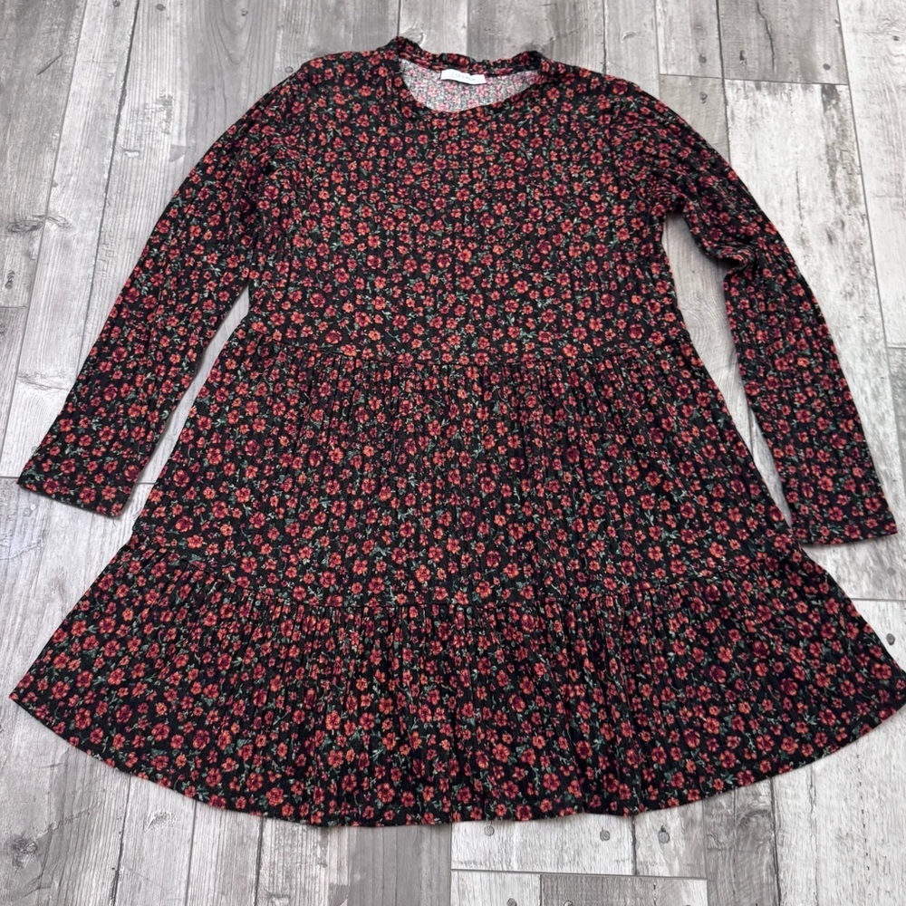 Zara Black Floral Ruffle Tea Mini Dress Long Sleeve Babydoll Large - Picture 2 of 6